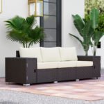 3 Seater Wicker Outdoor Couch Patio Sofa with Storage, Thickened Cushions and Wide Armrests for Porch Yard, Cream White - Image 2