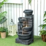 30" Tall Outdoor Waterfall Fountain with LED Lights, 4-Tier Resin Cascading Water Bowls with Pump, Gray - Image 2