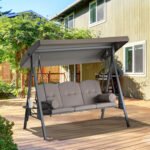 3-Seat Patio Swing Chair, Outdoor Porch Swing Glider with Adjustable Canopy, Removable Cushion, Pillows and Side Trays, for Garden, Poolside, Backyard, Brown - Image 2