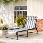 Folding Chaise Lounge Pool Chair with 4-Position Reclining Back, Pillow, Breathable Mesh & Bungee Seat, Blue & White - Image 8