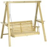 2-Seat orch Swing with Stand, Wooden Patio Swing Chair with Side Tables and Metal Chains, Outdoor Hanging Bench for Garden, Poolside, Backyard, Natural Wood