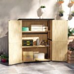 Wood Storage Shed, Outdoor Garden Shed with Asphalt Roof, 2 Shelves, Lockable Doors and Adjustable Feet, Natural - Image 2