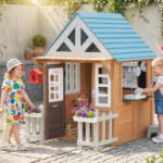 Wooden Kids Playhouse with Pet Door, Play Kitchen, Mailbox, Doorbell, Birdhouse, Fence and Windows for Pretend Play - Image 2