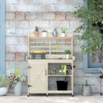 Wooden Potting Bench with Storage, Aluminum Tabletop for Backyard, Patio, Balcony, Natural - Image 7