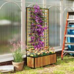 Wooden Raised Garden Bed with Trellis, Removable Pots for Backyard, Patio, Balcony, 29" x 11" x 52", Teak - Image 2