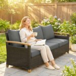 3 Seater Outdoor Couch Sofa, PE Wicker Patio Sofa, Wide Deep Seat, 4" Cushions, Wood-Effect Armrests Legs, Gray - Image 2