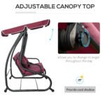 3-Seat Outdoor Patio Swing Chair, Converting Flatbed, Outdoor Swing Glider with Adjustable Canopy, Removable Cushion and Pillows, for Porch, Garden, Poolside, Backyard, Red - Image 5