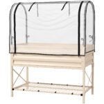 Raised Garden Bed with Legs and Cover, Metal Elevated Planter Box with Bottom Shelf and Liner for Vegetables, Cream