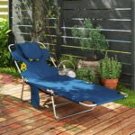 Tanning Chair with Face Hole, 5-Level Adjustable Outdoor Chaise Lounge Chair with Pillow for Beach, Pool, Dark Blue - Image 2