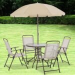 6 Piece Patio Dining Set for 4 with Umbrella, Outdoor Table and Chairs with 4 Folding Dining Chairs & Round Glass Table for Garden, Backyard and Poolside, Beige - Image 2