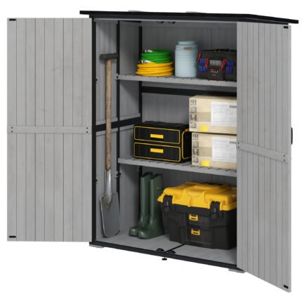 Wood Storage Shed with Lockable Doors, Storage Shelves, Gray, Black
