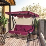 3-Seat Outdoor Patio Swing Chair, Converting Flatbed, Outdoor Swing Glider with Adjustable Canopy, Removable Cushion and Pillows, for Porch, Garden, Poolside, Backyard, Red - Image 2