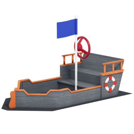 Kids Wooden Sandbox Pirate Ship Sandboat w/ Bench Seat Storage Space Ceder Wood, Gray