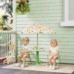 Kids Picnic Table and Chair Set, Outdoor Activity Table with Foldable Chairs, Removable Umbrella for Backyard, Green - Image 2