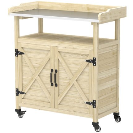 Outdoor Wooden Potting Bench with Storage Cabinet, 34" x 16" x 37", Aluminum Tabletop, Rubber Wheels, Natural