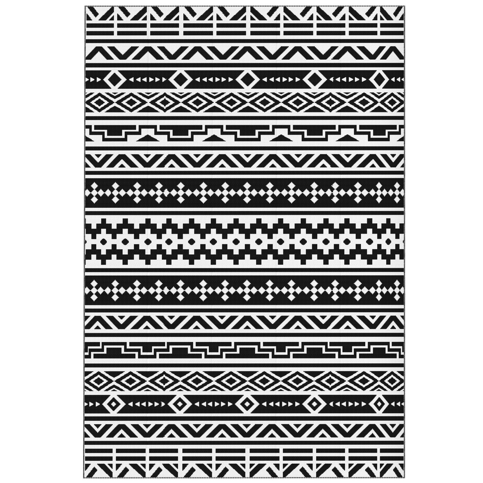 uad5d619482dee57c.jpg Reversible Outdoor Rug, Waterproof Plastic Straw with Carry Bag, 6' x 9', Black & White Geometric Wall - Image 1