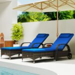 Patio Wicker Chaise Lounge Chair Set of 2 with Table, Adjustable Backrest, Wheels, Cushion & Headrest, Blue - Image 8