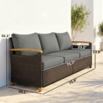 3 Seater Outdoor Couch Sofa, PE Wicker Patio Sofa, Wide Deep Seat, 4" Cushions, Wood-Effect Armrests Legs, Gray - Image 3