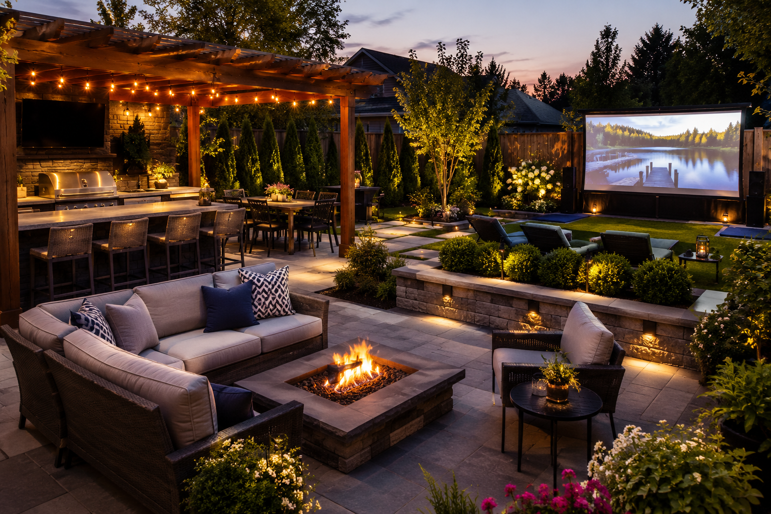 Modern backyard entertainment space featuring a pergola, outdoor kitchen, dining area, fire pit, lounge seating, landscape lighting, and outdoor movie screen.