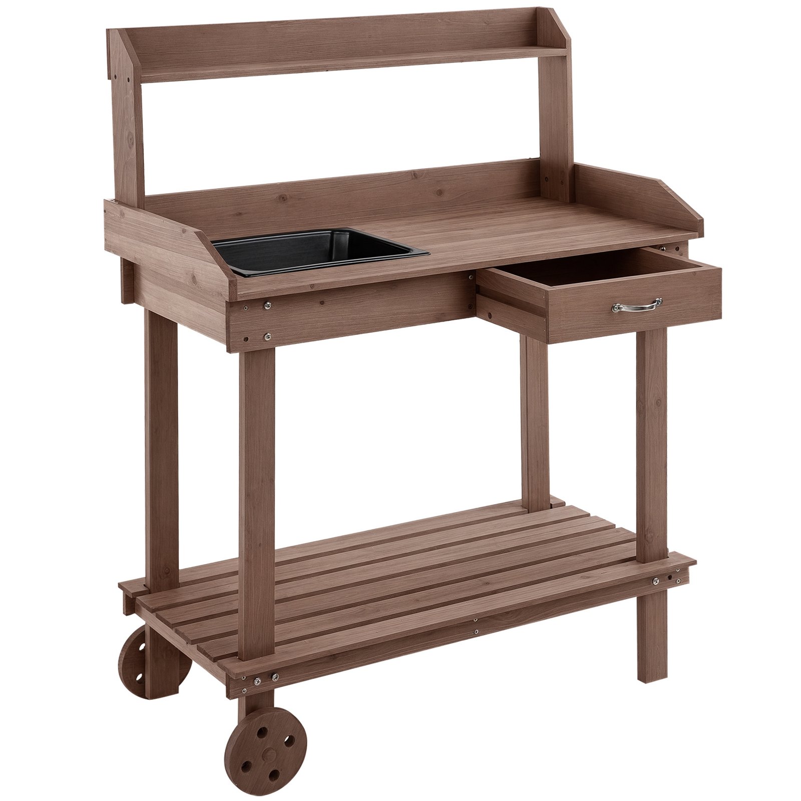 umf14419808f06185.jpg 36'' Wooden Potting Bench Work Table with 2 Removable Wheels, Sink, Drawer & Large Storage Spaces, Brown - Image 1