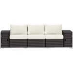 3 Seater Wicker Outdoor Couch Patio Sofa with Storage, Thickened Cushions and Wide Armrests for Porch Yard, Cream White
