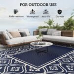 Reversible Outdoor Rug, Waterproof Plastic Straw with Carry Bag, 9' x 12', Blue & White Gourd Border - Image 6