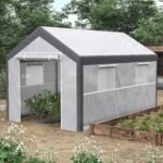 12' x 7' x 7' Greenhouse, Walk-in Outdoor Tunnel Green House with PE Cover, Steel Frame, 2 Roll-Up Zipper Doors & 4 Windows for Flowers, Vegetables, Tropical Plants, White/Dark Gray - Image 2