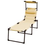 Outdoor Lounge Chair, 4 Position Adjustable Backrest, Folding, Cushioned w/ Sun Shade Roof & Pillow, Cream White