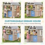 Outdoor Playhouse, Wooden Kids Playhouse with Dog Door, Cookware, Planter Box, Bell, Blackboard, Clock for Backyard - Image 6