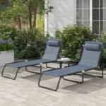 2 Folding Chaise Lounge Pool Chairs with 4-Position Reclining Back, Pillow, Breathable Mesh & Bungee Seat, Gray - Image 2