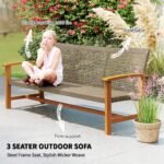 3-Seat Wicker Outdoor Couch Patio Sofa, Acacia Wood Patio Furniture with Steel Seat Armrests, 1000 LBS Capacity, Teak - Image 4