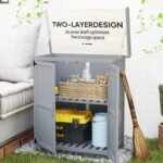Outdoor Storage Cabinet, Garden Tool Shed with Metal Tabletop and Shelf, Wooden Potting Bench with 2 Doors, Gray - Image 6
