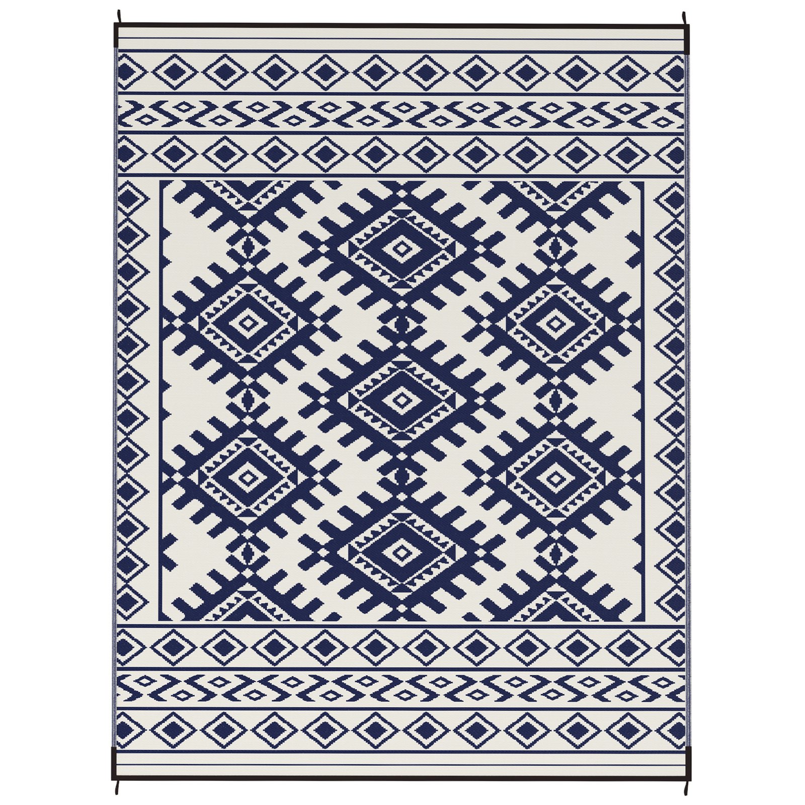 vQT442194d47b9322.jpg Reversible Outdoor Rug, Waterproof Plastic Straw with Carry Bag, 9' x 12', Blue & White Rhombus Border - Image 1