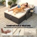 Patio Rattan Daybed, Wicker Outdoor Daybed with Storage Ottoman, Loveseat w/ Adjustable Backrest, Beige - Image 6