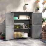 Wood Storage Shed, Outdoor Garden Shed with Asphalt Roof, 2 Shelves, Lockable Doors and Adjustable Feet, Gray - Image 2