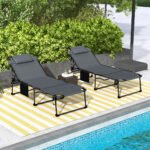2 Piece Folding Chaise Lounge Pool Chairs with 5-level Reclining Back, Reading Hole, Side Pocket, Gray - Image 2