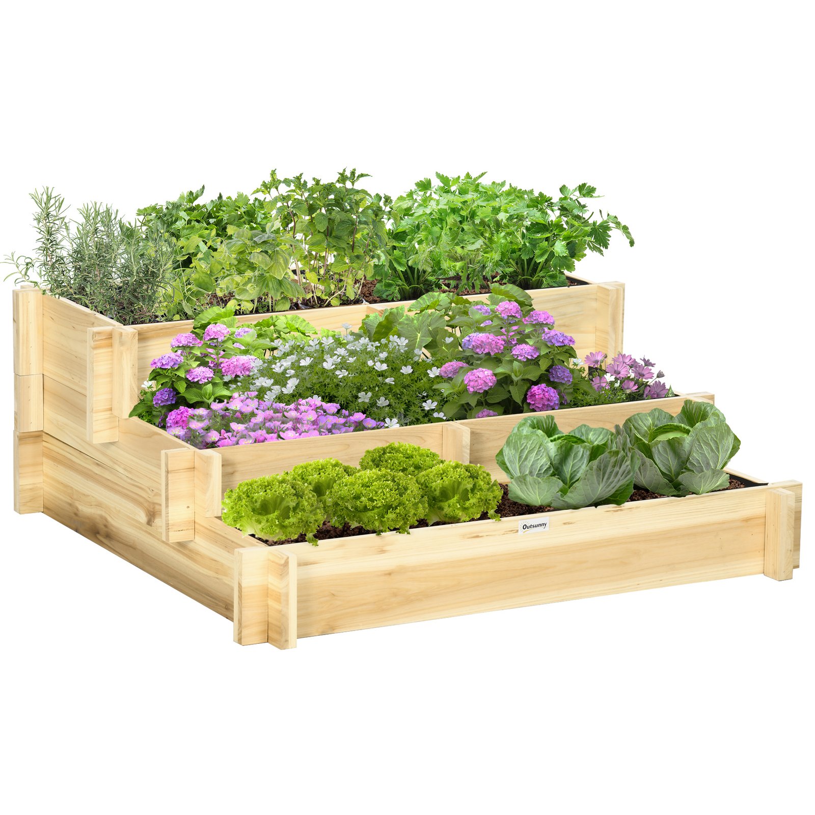 vgz73e19da7e201f1.jpg 3 Tier Raised Garden Bed, Water Draining Fabric for Soil, Elevated Wood Flower Box for Vegetables, Herbs, Natural - Image 1