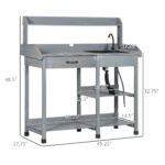 Potting Bench Table, Outdoor Garden Table Wooden Work Station with Removable Sink, Faucet, Drawer, Shelves, Hooks, Gray - Image 3