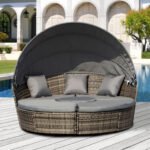 4-Piece Round Convertible Daybed with Cushions, Outdoor PE Rattan Patio Wicker Sofa Set, Sunbed with Adjustable Sun Canopy, Sectional Sofa, 2 Chairs, Table, 3 Pillows, Dark Gray - Image 2