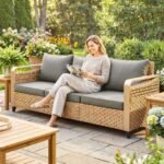 Rattan Wicker Sofa 3-Seater Outdoor Patio Sofa with Cushions for Garden Backyard Porch Gray - Image 2