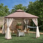 10' x 10' Metal Patio Gazebo, Double Roof Outdoor Gazebo Canopy Shelter with Tree Motifs Corner Frame and Netting, for Garden, Lawn, Backyard, and Deck, Brown - Image 2