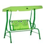 Kids Patio Swing, Adjustable Canopy Swing Glider, Kids Outdoor Swing Chair with 2 Seats, Seat-Belted Safety, Green
