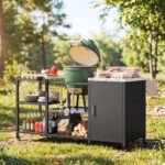 Grill Table for Big Green Egg Grill, Heavy Duty Metal BBQ Prep Table with Stainless Steel Top and Storage Cabinet, Black - Image 2