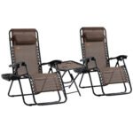 Zero Gravity Chair Set with Side Table, Folding Reclining Chair with Cupholders & Pillows, Adjustable Lounge Chairs for Pool, Backyard, Lawn, Beach, Brown