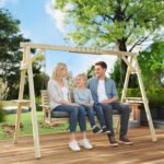 3 Seat Wooden Porch Swing with Stand, Patio Swing with Cushion, for Garden, Poolside, Backyard, Natural Wood - Image 8