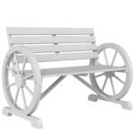 41" Wooden Wagon Wheel Bench, Rustic Outdoor Patio Bench Weather Resistance Furniture, 2-Person Slatted Seat with Backrest, Light Gray