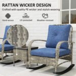 3 Piece Wicker Patio Furniture Set, Outdoor PE Rattan Rocking Chairs with Coffee Table, Cushions for Porch, Gray - Image 5