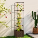 Raised Garden Bed with Trellis, Tomato Cage with Lockable Wheels, Self Watering Planter Box with Drainage Holes, Brown - Image 2