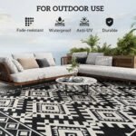 Reversible Outdoor Rug, Waterproof Plastic Straw with Carry Bag, 9' x 18', Black & White Rhombus Border - Image 6