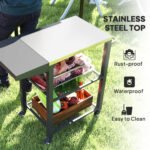 Three-Shelf Outdoor Grill Cart Table with Foldable Side Table, Stainless Steel Top Pizza Oven Stand with Hooks, Silver - Image 4